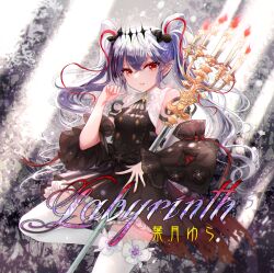 Rule 34 | 1girl, album cover, album name, black dress, bug, candle, candlestand, commentary request, cover, detached sleeves, dress, fang, flower, grey hair, highres, holding, holding candle stand, looking at viewer, open mouth, original, pointing, pointing at self, pointy ears, red eyes, skin fang, sleeve ribbon, smile, solo, stitched, thighhighs, third-party edit, tochigi kirihito, twintails, white flower, white thighhighs