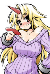Rule 34 | 1girl, akou roushi, alternate costume, bare shoulders, blonde hair, blush, breasts, cleavage, cuffs, fang, female focus, horns, hoshiguma yuugi, large breasts, long hair, red eyes, ribbed sweater, shackles, simple background, single horn, sketch, smile, solo, sweater, touhou, white background, white theme