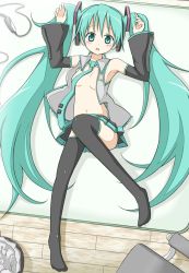 Rule 34 | 1girl, armpits, bad id, bad pixiv id, blush, censored, convenient censoring, detached sleeves, green eyes, green hair, hatsune miku, karamoneeze, long hair, lying, matching hair/eyes, necktie, open clothes, open shirt, shirt, skirt, solo, thighhighs, twintails, very long hair, vocaloid