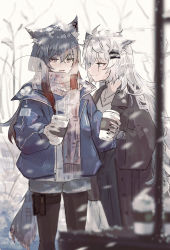 Rule 34 | 2girls, animal ear fluff, animal ears, arknights, black coat, black hair, black legwear, black nails, blue eyes, blue jacket, blurry, blurry foreground, breath, closed mouth, coat, commentary, cup, disposable cup, english commentary, hair ornament, hairclip, hand on another&#039;s hand, highres, holster, jacket, jewelry, lappland (arknights), long hair, looking at another, messy hair, multiple girls, nail polish, necklace, open clothes, open coat, open jacket, open mouth, outdoors, pantyhose, scar, scar across eye, scar on face, scarf, short shorts, shorts, smile, snow, snow on head, snowing, steam, tail, texas, texas (arknights), thigh holster, white hair, winter clothes, wolf ears, wolf tail, yeyarongbing
