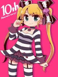Rule 34 | 1girl, anniversary, black bow, black choker, blonde hair, bow, breasts, choker, cleavage, closed mouth, collarbone, commentary request, criminal girls, dress, garter straps, green eyes, hair bow, hair ornament, hand up, highres, kisaragi (criminal girls), long hair, looking at viewer, naga u, pink background, simple background, skull hair ornament, small breasts, smile, solo, standing, striped clothes, striped dress, striped thighhighs, thighhighs, twintails, very long hair