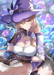 Rule 34 | 1girl, absurdres, arm support, bellflower, book, breasts, brown hair, cleavage, cleavage cutout, clothing cutout, dress, flower, genshin impact, gloves, green eyes, grey flower, hand on own chin, hat, hat flower, highres, jewelry, large breasts, lisa (genshin impact), long sleeves, looking at viewer, mon-chan, necklace, purple flower, rose, sitting, smile, solo, thighhighs, witch hat