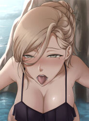 Rule 34 | 1girl, bikini, black bikini, blonde hair, blush, breasts, cleavage, day, hair between eyes, hair bun, kantai collection, large breasts, looking at viewer, mole, mole under eye, mole under mouth, naja (mshs3555), ocean, outdoors, richelieu (kancolle), solo, swimsuit, teeth, tongue, tongue out, yellow eyes