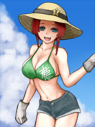 Rule 34 | 1girl, alternate costume, bare shoulders, blue eyes, braid, breasts, crop top, denim, denim shorts, gloves, hat, hibino nozomu, hong meiling, large breasts, long hair, looking at viewer, midriff, open mouth, red hair, shorts, solo, straw hat, touhou, twin braids, white gloves