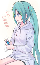 Rule 34 | 1girl, blue eyes, blue hair, blush, controller, game controller, hatsune miku, highres, holding, holding controller, holding game controller, hood, hoodie, long hair, long sleeves, open mouth, short shorts, shorts, sitting, solo, translation request, twintails, v-shaped eyebrows, very long hair, vocaloid, yasuno-labo