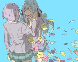 2girls anjuro_zeeku bang_dream! bang_dream!_it&#039;s_mygo!!!!! black_ribbon blue_background blue_hair blue_necktie blue_skirt closed_eyes closed_mouth commentary crying diagonal-striped_clothes diagonal-striped_necktie english_commentary grey_hair grey_jacket hair_ribbon hand_on_another&#039;s_cheek hand_on_another&#039;s_face haneoka_school_uniform highres holding_hands jacket long_hair long_sleeves multiple_girls necktie plaid_clothes plaid_skirt pleated_skirt ribbon school_uniform short_hair sidelocks skirt striped_clothes takamatsu_tomori togawa_sakiko translation_request yuri