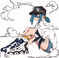 Rule 34 | 1girl, asymmetrical bangs, baseball cap, black eyes, black hat, blue hair, cloud, from side, full body, goggles, goggles on headwear, grey shorts, hair over one eye, hat, highres, jitome, knees up, legs together, long bangs, medium hair, nao97122, nike (company), original, pout, shirt, shoes, short ponytail, short sleeves, shorts, sidelocks, simple background, sitting, sneakers, socks, solo, white background, white footwear, white shirt, white socks
