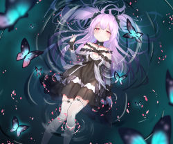Rule 34 | 1girl, absurdres, bare shoulders, black bow, black dress, blue hair, blurry, blurry foreground, blush, bow, bug, butterfly, collarbone, detached collar, dress, frills, from above, garter straps, hair bow, hand up, highres, hololive, insect, long hair, looking at viewer, lying, messy hair, multicolored eyes, off-shoulder dress, off shoulder, on back, parted lips, partially submerged, short sleeves, sidelocks, solo, thighhighs, thighs, two side up, uruha rushia, uruha rushia (3rd costume), virtual youtuber, water, white thighhighs, wrist cuffs, yakurope-moko