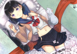 Rule 34 | 1girl, bad id, bad pixiv id, black hair, box, cardigan, cat, flower, frilled pillow, frills, in box, in container, looking at viewer, lying, navel, on back, original, pillow, purple eyes, revision, school uniform, serafuku, short hair, skirt, smile, solo, thighhighs, umasanjin, white thighhighs, zettai ryouiki