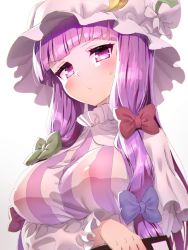 Rule 34 | 1girl, blue bow, blunt bangs, blush, bow, breasts, crescent, crescent hat ornament, crescent pin, dress, from below, hair bow, hat, hat ornament, large breasts, long hair, long sleeves, mob cap, patchouli knowledge, polpol, purple eyes, purple hair, red bow, red ribbon, ribbon, see-through, sidelocks, solo, striped clothes, striped dress, touhou, upper body, vertical-striped clothes, vertical-striped dress