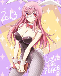 Rule 34 | 10s, 1girl, 2013, animal ears, bare shoulders, blush, bow, bowtie, breasts, cleavage, detached collar, english text, fake animal ears, female focus, fishnet pantyhose, fishnets, glasses, heart, holding, kuroda akimi, large breasts, leotard, long hair, looking at viewer, original, pantyhose, pink hair, playboy bunny, rabbit ears, rabbit tail, red eyes, smile, solo, sparkle, standing, tail, v arms, wrist cuffs