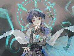 Rule 34 | 1boy, black shirt, blue eyes, blue hair, blunt ends, bridal gauntlets, cape, eyeshadow, genshin impact, grey background, grey cape, hand on own chin, highres, looking at viewer, makeup, male focus, parted bangs, red eyeshadow, scaramouche (genshin impact), shirt, short hair, solo, talesofmea, tongue, tongue out, upper body, wanderer (genshin impact)