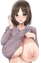 Rule 34 | 1girl, :d, absurdres, blush, breasts, brown eyes, brown hair, clothes lift, collarbone, commentary request, covered erect nipples, grey shirt, highres, hotate-chan, huge breasts, long sleeves, looking at viewer, medium hair, mole, mole under mouth, nipples, one breast out, open mouth, original, parted bangs, shirt, shirt lift, simple background, smile, solo, white background