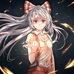 Rule 34 | 1girl, black background, bow, breasts, clenched hand, commentary request, fire, floating hair, fujiwara no mokou, hair bow, hand up, highres, long hair, looking at viewer, pants, red eyes, red pants, shirt, short sleeves, silver hair, small breasts, solo, suspenders, teardrop, torottye, touhou, upper body, v-shaped eyebrows, white bow, white shirt