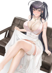 Rule 34 | 1girl, ahoge, azur lane, backless dress, backless outfit, black hair, breasts, center opening, cocktail dress, crossed legs, dress, evening gown, garter straps, hair ornament, highres, large breasts, long hair, looking at viewer, official alternate costume, plunging neckline, satin dress, sddfsdfq, simple background, sitting, sleeveless, sleeveless dress, solo, taihou (azur lane), taihou (temptation on the sea breeze) (azur lane), thighhighs, very long hair, wedding dress, white background, white dress, white garter straps, white thighhighs