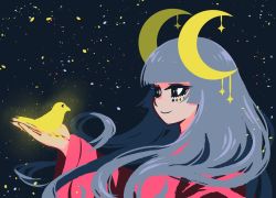 Rule 34 | 1girl, akairiot, animal, bird, bird on hand, black eyes, blunt bangs, crescent, crescent moon, flat color, glowing, grey hair, hime cut, holding, holding animal, holding bird, long hair, long sleeves, moon, moon phases, night, night sky, no lineart, original, sky, smile, solo, star (sky), starry sky, very long hair, yellow pupils