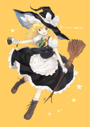 Rule 34 | 1girl, absurdres, apron, bad id, bad pixiv id, blonde hair, boots, bow, braid, broom, brown eyes, character name, cross-laced footwear, full body, gloves, hair bow, hair ornament, hat, hat ribbon, highres, kirisame marisa, lace-up boots, long hair, mini-hakkero, orange background, outstretched arm, puffy sleeves, ribbon, shirt, short sleeves, shoudoku taishi (taishi), side braid, single braid, skirt, skirt set, smile, solo, star (symbol), touhou, vest, waist apron, white gloves, witch hat