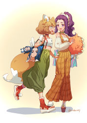 Rule 34 | 2girls, animal ears, bag, blouse, blush, brown hair, choker, crop top, fox ears, fox tail, green eyes, green pants, highres, holding, long hair, midriff, multiple girls, open clothes, orange pants, pants, plaid, plaid pants, ponytail, profile, purple eyes, purple hair, ruoshui (the legend of luoxiaohei), see-through, see-through sleeves, shadow, shirt, short hair, short sleeves, shoulder bag, smile, suncle, tail, luo xiaohei zhanji, twitching penis, white shirt, wuxian (the legend of luoxiaohei), zi luolan (the legend of luoxiaohei)