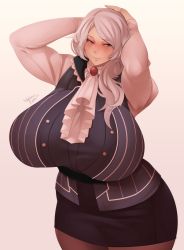 Rule 34 | 1girl, absurdres, arms behind head, artist name, blue eyes, blush, breasts, curvy, highres, huge breasts, long hair, looking at viewer, mature female, nachocobana, rwby, simple background, skirt, solo, thick thighs, thighs, white hair, wide hips, willow schnee