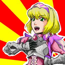 Rule 34 | 1girl, alexia lynn elesius, armor, artist request, blonde hair, bow, breasts, dress, gloves, green eyes, hairband, lowres, ribbon, short hair, sidelocks, smile, solo, source request, sunburst, wild arms, wild arms xf