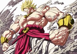 Rule 34 | 1boy, angry, biceps, bracer, broly (dragon ball z), clenched hands, clenched teeth, creepy, dedeen, dragon ball, dragon ball fighterz, dragonball z, earrings, empty eyes, epic, highres, jewelry, legendary super saiyan, male focus, manly, muscular, pectorals, smile, solo, spiked hair, super saiyan, teeth