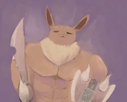 Rule 34 | 1boy, :3, abs, animal nose, body fur, boke-chan, brown fur, closed eyes, closed mouth, creatures (company), diablos (armor), eevee, facing viewer, furry, furry male, game freak, gen 1 pokemon, holding, holding shield, holding sword, holding weapon, male focus, monster hunter, monster hunter: world, monster hunter (series), muscular, muscular male, neck fur, nintendo, pectorals, personification, pokemon, pokemon (creature), purple background, shield, simple background, sketch, solo, standing, straight-on, sword, two-tone fur, upper body, weapon, wrinkled frown (detective pikachu), yellow fur