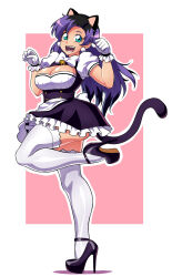 Rule 34 | 1girl, animal ears, apron, bell, black dress, black footwear, black hair, blue eyes, blush, bow, breasts, cat ears, cat girl, cat tail, cleavage, cleavage cutout, clothing cutout, dress, earrings, fake animal ears, fake tail, fang, gloves, high heels, highres, jewelry, jingle bell, large breasts, long hair, looking at viewer, maid, maid apron, multicolored hair, open mouth, paw pose, piercing, puffy sleeves, purple hair, shoes, short sleeves, sidney (zeshgolden), smile, standing, standing on one leg, tail, thighhighs, tongue piercing, two-tone hair, waitress, white background, white bow, white gloves, white thighhighs, zeshgolden