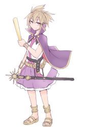 Rule 34 | 1girl, anklet, belt, bracelet, cape, closed mouth, earmuffs, full body, gold trim, hair between eyes, holding, holding stick, jewelry, kuroba rapid, light brown hair, looking at viewer, petticoat, pointy hair, purple cape, ritual baton, sandals, sheath, sheathed, shirt, short hair, simple background, smile, solo, standing, stick, sword, toes, touhou, toyosatomimi no miko, weapon, white background, white shirt, yellow eyes