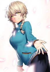 Rule 34 | 1girl, amane suzuha, black pants, blue jacket, braid, breasts, brown hair, cherry blossoms, closed mouth, commentary request, cowboy shot, from side, highres, jacket, long hair, long sleeves, looking at viewer, medium breasts, onsoku inu, outstretched arm, pants, smile, solo, standing, steins;gate, twin braids, yellow eyes