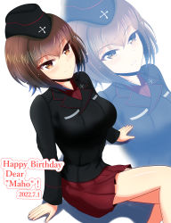 Rule 34 | 1girl, birthday, black hat, black jacket, brown eyes, brown hair, dated, dress shirt, feet out of frame, from above, garrison cap, girls und panzer, hat, highres, insignia, jacket, kumaisao, kuromorimine military uniform, long sleeves, looking at viewer, looking up, military hat, nishizumi maho, pleated skirt, red shirt, red skirt, shirt, short hair, skirt, solo, wing collar