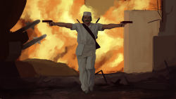 Rule 34 | 1boy, call of duty, call of duty: black ops, chef, chef hat, damegane, debris, dual wielding, epic, explosion, explosion in the background, facial hair, fire, gun, handgun, hat, holding, m1911, male focus, manly, missile, mustache, pistol, rifle, short hair, solo, walking, weapon