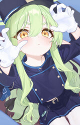 Rule 34 | 1girl, absurdres, armband, arms up, blue archive, blue armband, blue jacket, blue skirt, blush, buttons, claw pose, commentary, double-breasted, gloves, green hair, halo, hat, highres, hikari (blue archive), jacket, looking at viewer, pantyhose, peaked cap, pleated skirt, pointy ears, shou xun bu liang, skirt, solo, white gloves, white pantyhose, yellow eyes