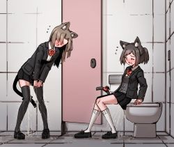 Rule 34 | 2girls, animal ear fluff, animal ears, bathroom, black footwear, black jacket, black skirt, black socks, blush, bow, bowtie, breasts, brown hair, buttons, cat ears, cat girl, cat tail, collared shirt, door, embarrassed, faceless, faceless female, female focus, flying sweatdrops, from side, full body, green eyes, grey vest, hair intakes, highres, indoors, jacket, kneehighs, knees together feet apart, leaning back, leaning forward, long hair, long sleeves, medium breasts, miniskirt, multiple girls, nose blush, one eye closed, open clothes, open jacket, open mouth, original, own hands together, pee, peeing, peeing self, pigeon-toed, pleated skirt, pocket, polly (rune (dualhart)), ponytail, puddle, red bow, red bowtie, rune (dualhart), school uniform, shirt, shoes, short hair, sidelocks, sitting, skindentation, skirt, skirt tug, small breasts, socks, standing, suri (rune (dualhart)), sweat, tail, tail bow, tail ornament, tears, thighhighs, tile floor, tile wall, tiles, toilet, toilet paper, toilet stall, trembling, v arms, vest, wet, wet clothes, white legwear, white shirt, wince