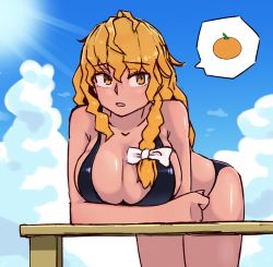 Rule 34 | 1girl, azusa (cookie), bad id, bad twitter id, bikini, black bikini, blonde hair, blue sky, bow, braid, breasts, cleavage, cloud, commentary, cookie (touhou), cowboy shot, food, fruit, hair bow, kirisame marisa, large breasts, leaning forward, long hair, looking to the side, mandarin orange, ohasi, open mouth, outdoors, side braid, single braid, sky, solo, spoken object, sunlight, swimsuit, touhou, white bow, yellow eyes