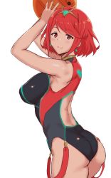 Rule 34 | 1girl, arms up, ass, ball, beachball, breasts, competition swimsuit, earrings, gem, gomu (chewinggom), hair ornament, highres, jewelry, large breasts, looking at viewer, looking back, nintendo, one-piece swimsuit, pyra (pro swimmer) (xenoblade), pyra (xenoblade), red eyes, red hair, simple background, smile, solo, suspenders, swimsuit, tiara, white background, xenoblade chronicles (series), xenoblade chronicles 2