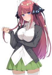 Rule 34 | 1girl, arm under breasts, black cardigan, black ribbon, blue eyes, blunt bangs, blush, breasts, butterfly hair ornament, button gap, cardigan, closed mouth, go-toubun no hanayome, green skirt, hair ornament, highres, hime cut, holding, holding own hair, large breasts, long hair, nakano nino, open cardigan, open clothes, pink hair, ribbon, ru u un, school uniform, shirt, sidelocks, simple background, skirt, sleeves past wrists, sweatdrop, thick thighs, thighhighs, thighs, twintails, v-shaped eyebrows, white background, white shirt, white thighhighs, zettai ryouiki