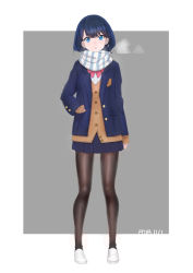 Rule 34 | 1girl, arm at side, black pantyhose, blazer, blue eyes, blue hair, blue jacket, blue skirt, blush, bow, bowtie, breath, brown sweater, dated, full body, grey background, gridman universe, hair between eyes, hand in pocket, jacket, long sleeves, looking at viewer, medium hair, pantyhose, parted lips, pleated skirt, red bow, red bowtie, scarf, shirt, simple background, skirt, solo, ssss.gridman, striped clothes, striped scarf, sweater, swept bangs, takarada rikka, takita (takita3411), two-tone background, white background, white footwear, white shirt, winter clothes