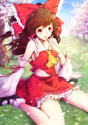 Rule 34 | 1girl, :d, ascot, black footwear, blue sky, bow, breasts, cherry blossoms, collarbone, day, detached sleeves, finger to mouth, frilled skirt, frills, grass, hair bow, hair tubes, hakurei reimu, highres, long hair, looking at viewer, mayonaka taruho, midriff peek, navel, on ground, open mouth, outdoors, petals, red bow, red ribbon, red skirt, ribbon, ribbon-trimmed skirt, ribbon-trimmed sleeves, ribbon trim, shoes, sideboob, sitting, skirt, skirt set, sky, sleeveless, smile, socks, solo, spring (season), stomach, touhou, tree, wariza, white ribbon, white socks, wide sleeves, wind