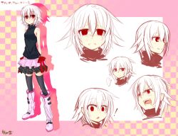 Rule 34 | !, 1girl, adyisu, altair floone, angry, arms behind back, bad id, bad pixiv id, black thighhighs, blush, character sheet, crying, looking at viewer, open mouth, original, red eyes, short hair, skirt, smile, solo, tears, thighhighs, upper body, white hair