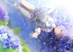 Rule 34 | 1girl, arm up, barefoot, blue eyes, cherinova, dress, female focus, flower, hydrangea, long hair, long sleeves, lying, on back, original, outstretched arm, partially submerged, purple hair, smile, solo, sunlight, upside-down, water