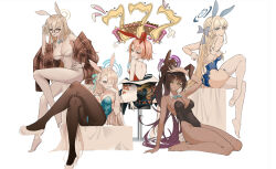 Rule 34 | 5girls, absurdres, akane (blue archive), akane (bunny) (blue archive), animal ears, ass, asuna (blue archive), asuna (bunny) (blue archive), back, backless leotard, bare shoulders, barefoot, black hair, black jacket, black leotard, black pantyhose, blonde hair, blue archive, blue bow, blue eyes, blue halo, blue leotard, blunt bangs, blush, bow, braid, breasts, brown jacket, cleaning &amp; clearing (blue archive), cleavage, commentary request, crossed legs, dark-skinned female, dark skin, detached collar, duona, fake animal ears, fake tail, feet, fishnet pantyhose, fishnets, french braid, full body, glasses, gloves, gradient hair, hair over one eye, halo, hand up, high heels, highleg, highleg leotard, highres, jacket, karin (blue archive), karin (bunny) (blue archive), large breasts, leotard, long hair, looking at viewer, looking back, medium breasts, multicolored hair, multiple girls, neru (blue archive), neru (bunny) (blue archive), no shoes, off shoulder, official alternate costume, on chair, one eye covered, pantyhose, pink hair, plaid, plaid jacket, playboy bunny, purple hair, purple halo, rabbit ears, red eyes, red leotard, side braid, simple background, sitting, smile, strapless, strapless leotard, tail, thighhighs, thighs, toki (blue archive), toki (bunny) (blue archive), very long hair, white background, white footwear, white gloves, white leotard, white pantyhose, white thighhighs, wrist cuffs