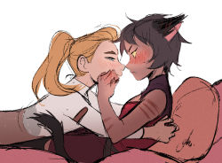 Rule 34 | 2girls, adora, adora (she-ra), animal ears, black hair, blonde hair, blue eyes, blush, cat ears, cat girl, cat tail, catra, fang, freckles, gohak, heterochromia, highres, long hair, looking at another, masters of the universe, multiple girls, ponytail, she-ra, she-ra and the princesses of power, short hair, simple background, tail, white background, yellow eyes, yuri