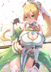Rule 34 | 1girl, absurdres, armor, bare shoulders, blonde hair, blush, breastplate, breasts, cleavage, cowboy shot, garter belt, green eyes, hair between eyes, hand in own hair, hand on own thigh, highres, kawase seiki, large breasts, leafa, leafa (terraria), long hair, ponytail, simple background, skirt, solo, standing, sword art online, sword art online: alicization, sword art online: alicization - war of underworld, thighhighs, thighs, very long hair, white background