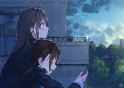 Rule 34 | 2girls, :d, black hair, black jacket, blazer, blue eyes, blue sky, blush, building, cellphone, closed mouth, cloud, cloudy sky, commentary request, earbuds, earphones, closed eyes, glint, hair ornament, hairclip, holding, holding phone, jacket, long hair, long sleeves, low twintails, miko fly, multiple girls, open mouth, original, outdoors, phone, profile, school uniform, signature, sitting, sky, sleeves past wrists, smile, tree, twintails, upper body