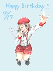 Rule 34 | 1girl, artist request, beret, blue eyes, bow, bowtie, breasts, cowboy shot, female focus, genki zenkai day! day! day!, grey hair, hat, index finger raised, looking at viewer, love live!, love live! sunshine!!, medium breasts, nico nico nii, one eye closed, short hair, skirt, smile, solo, suspenders, v, watanabe you