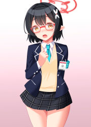 Rule 34 | 1girl, armband, ayane (blue archive), black hair, blue archive, blush, glasses, hair ornament, halo, id card, looking at viewer, necktie, open mouth, pointy ears, school uniform, short hair, simple background, solo, tokyo yamane