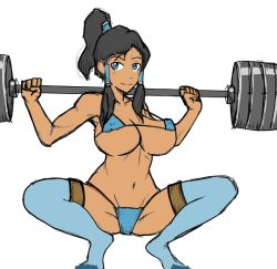 Rule 34 | 1girl, avatar: the last airbender, avatar legends, bikini, black hair, blue eyes, blue thighhighs, breasts, covered erect nipples, dark-skinned female, dark skin, exercising, female focus, hair tubes, high ponytail, highres, jacobv, korra, large breasts, looking at viewer, navel, ponytail, simple background, smile, solo, squatting, swimsuit, the legend of korra, thighhighs, weightlifting, weights, white background