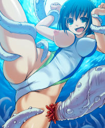 Rule 34 | 1girl, aqua eyes, asphyxiation, blue eyes, blue hair, blush, bosshi, breast slip, breasts, bubble, cameltoe, cleft of venus, competition swimsuit, covered erect nipples, drowning, fangs, fat mons, from below, highleg, highleg swimsuit, imminent rape, koshoksyu, large breasts, matching hair/eyes, nipples, one-piece swimsuit, one breast out, original, rape, restrained, short hair, solo, swimsuit, tentacles, underwater, water
