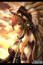 Rule 34 | 1girl, armband, bird, breasts, choker, cleavage, facepaint, feathers, fringe trim, gradient hair, green eyes, headdress, highres, jewelry, kom (water0371), letterboxed, multicolored hair, native american, native american headdress, original, profile, short hair, signature, solo, source request, upper body, watermark, web address