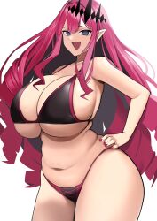 Rule 34 | 1girl, alternate breast size, baobhan sith (fate), baobhan sith (second ascension) (fate), bare shoulders, bikini, black bikini, bracelet, breasts, cleavage, commentary request, commission, curvy, fang, fate/grand order, fate (series), grey eyes, hand on own hip, highres, huge breasts, imuzi, indoors, jewelry, lights, long hair, looking at viewer, melting, nail polish, naughty face, navel, open mouth, panties, pink hair, plump, pointy ears, red nails, revealing clothes, sidelocks, skeb commission, skin fang, smile, solo, spiked bracelet, spikes, swimsuit, thick thighs, thigh strap, thighs, tiara, underboob, underwear, white background